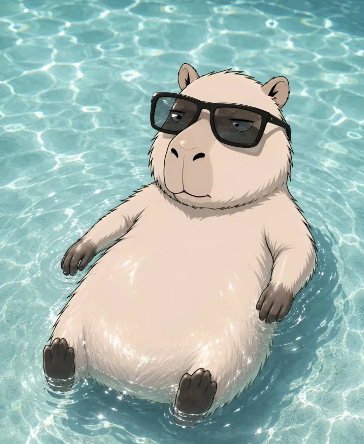 A capybara floating in the onsen wearing sunglasses